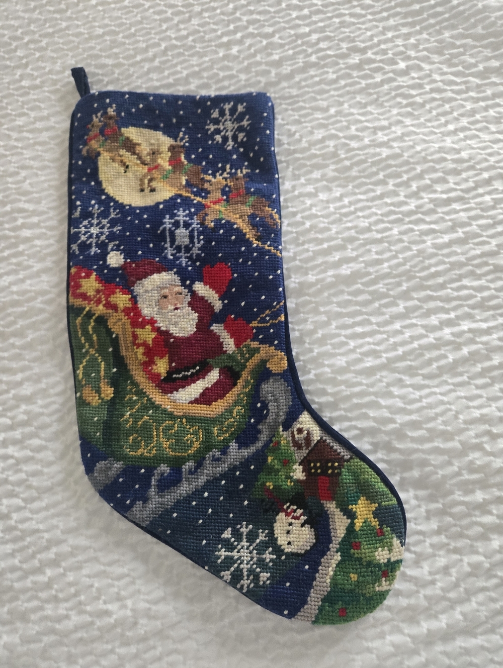 Vintage Needlepoint Christmas Stocking santa and reindeer christmas eve delivery